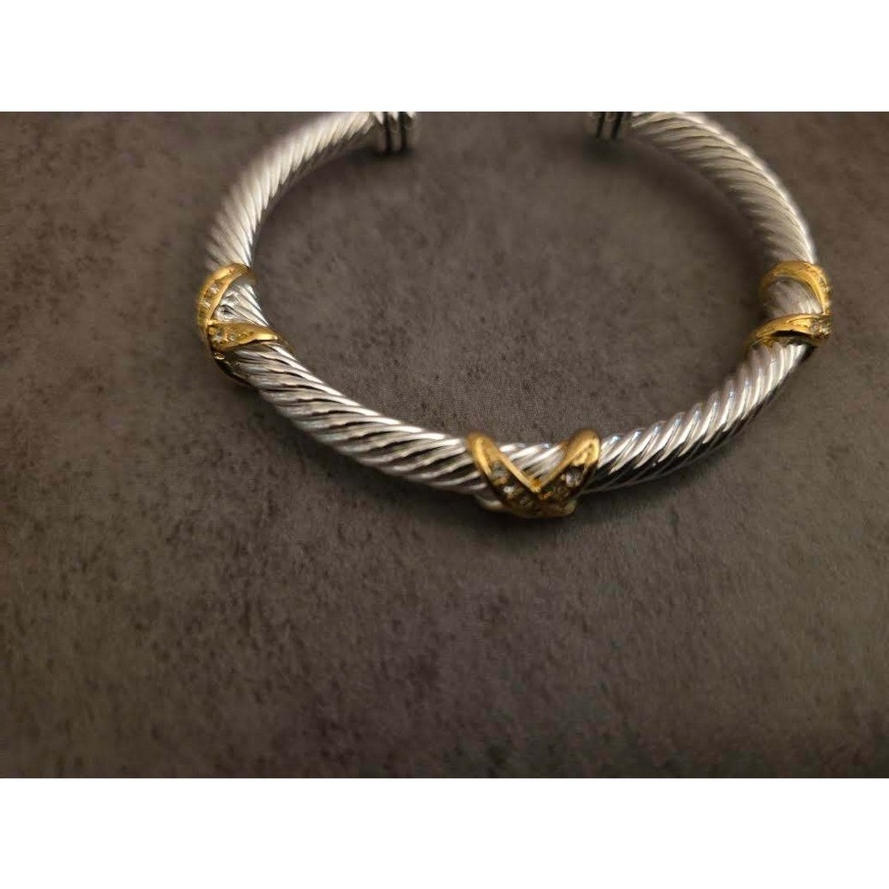 Two Tone Twisted Cable Cuff Bracelet Gold X Crossover Crystal Silver Tone
